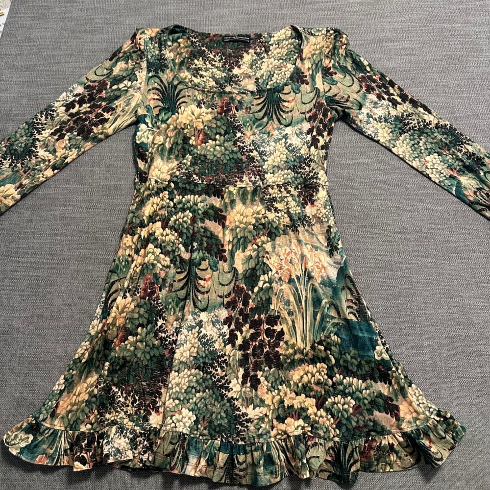 Peruvian Connection Botanical Tapestry Mini Dress Women M Green Ruffles